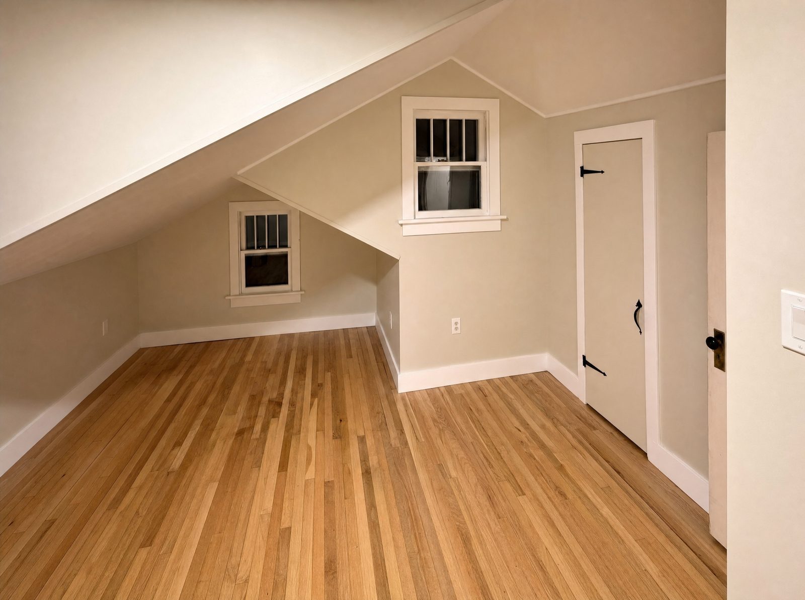 Attic bedroom after new drywall, paint and refinished hardwood floors