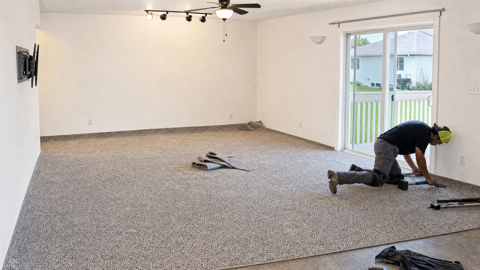 Crew installing new carpet in a Cedar Rapids home